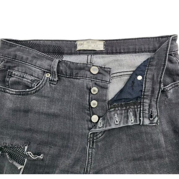 Free People Fishnet Patch Jeans Button Fly Faded Black Distressed Womens Sz 26 - Picture 3 of 9